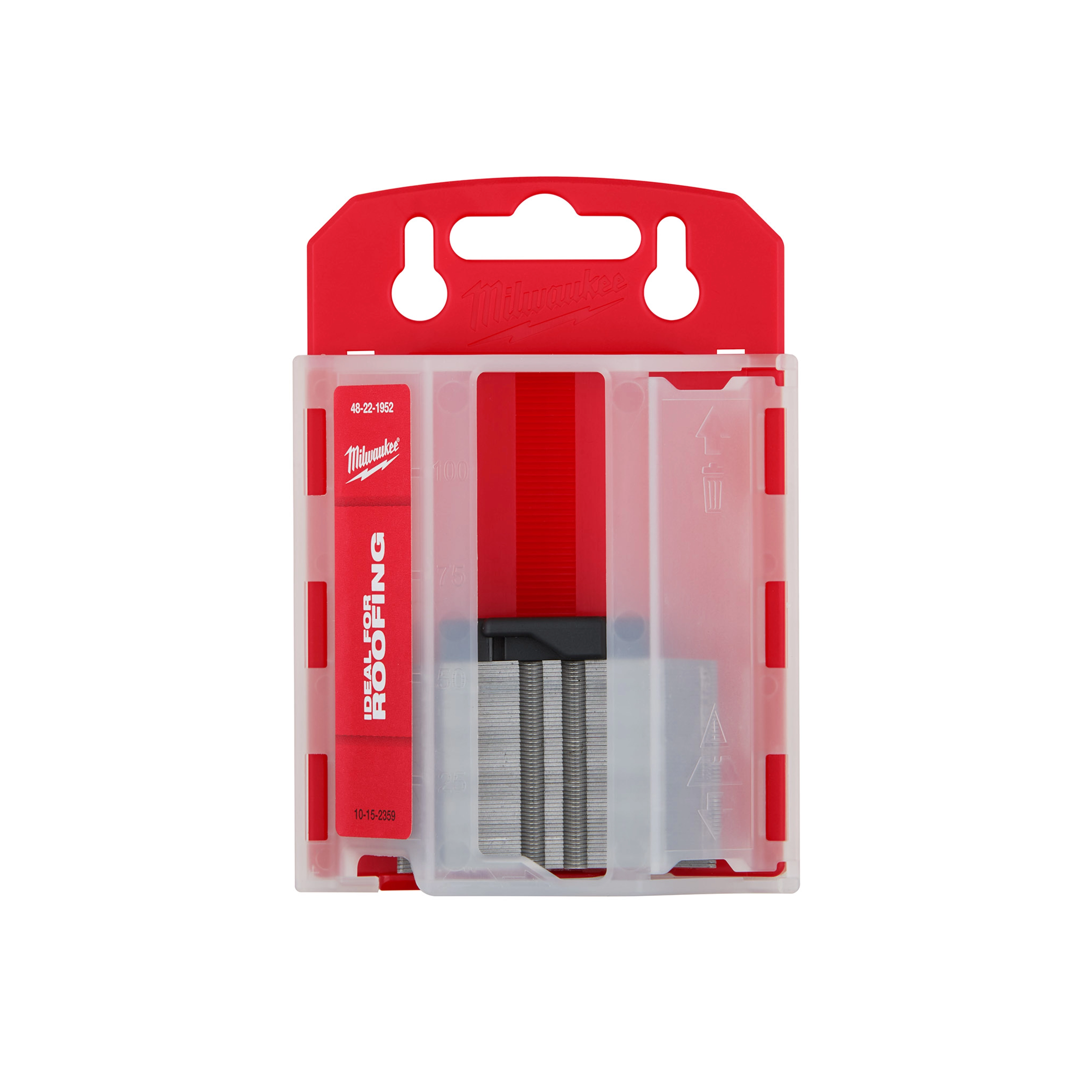 Hook Utility Blades, 50 pack, contained in a red and white plastic case with a hinged lid and hanging hole at the top.