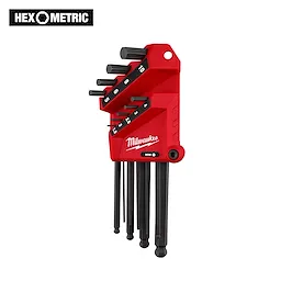 The 9-Key Ball End L-Key Set - Metric features a red holder with black metric keys, ranging from 1.5 to 10 mm.