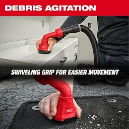 Two images showing the AIR-TIP™ Swiveling Palm Brush in use. One image shows a hand using the tool to clean debris from a counter while the other image shows another hand using the tool to clean a carpet. Text highlights "DEBRIS AGITATION" and "Swiveling Grip For Easier Movement."