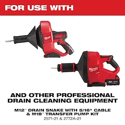 Milwaukee M12 Drain Snake with 5/16" cable and M18 Transfer Pump Kit are shown. These professional drain cleaning tools feature ergonomic handles and bright red casings, suitable for various plumbing tasks. Model numbers 2571-21 and 2772A-21 are displayed, emphasizing compatibility with professional drain cleaning equipment.