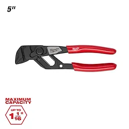 Milwaukee 5" Pliers Wrench with red handles, featuring a maximum capacity of up to 1 and 1/16 inches.