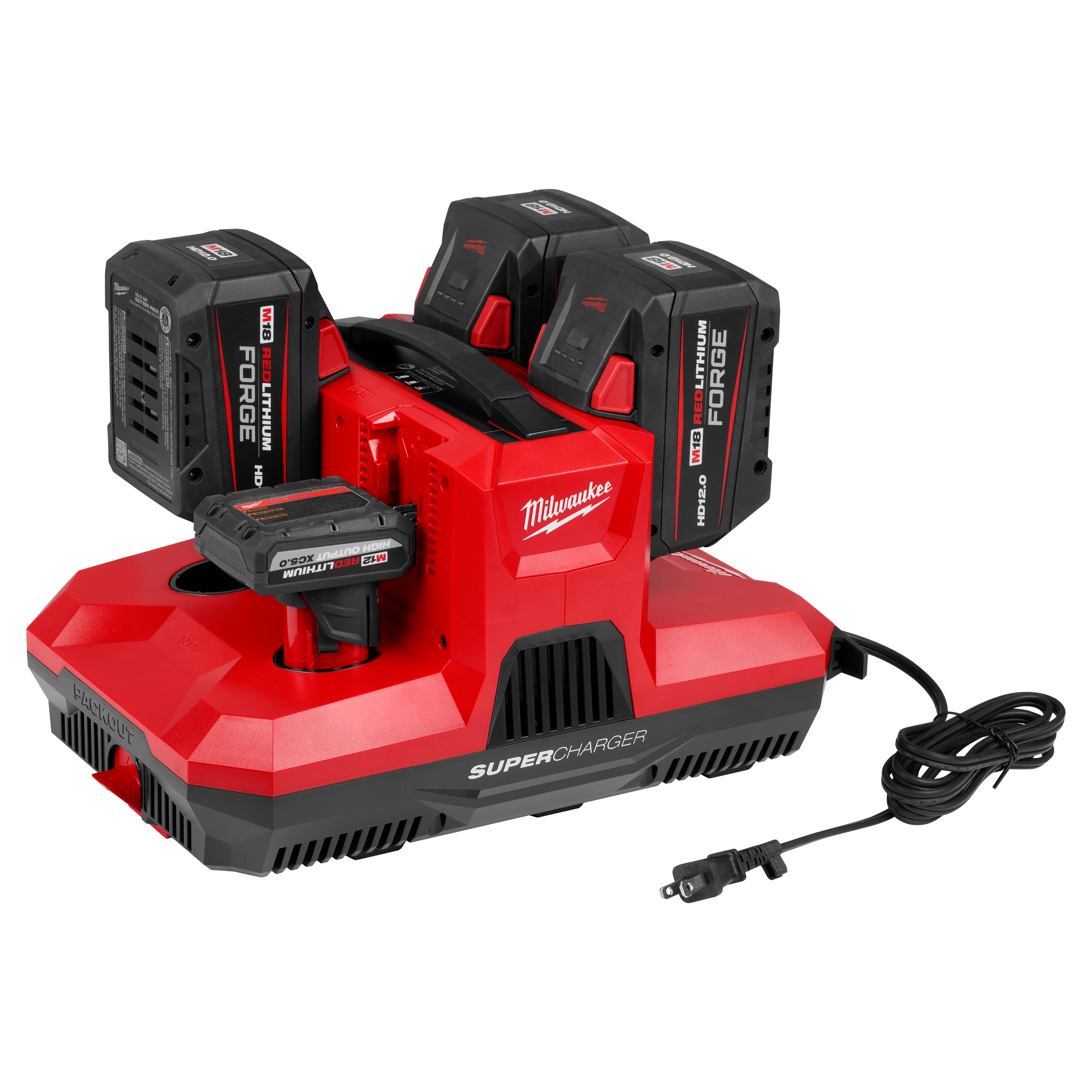 M18 & M12 Four Bay Simultaneous Super Charger with PACKOUT Compatibility in red, charging four batteries, with a plug-in power cord.
