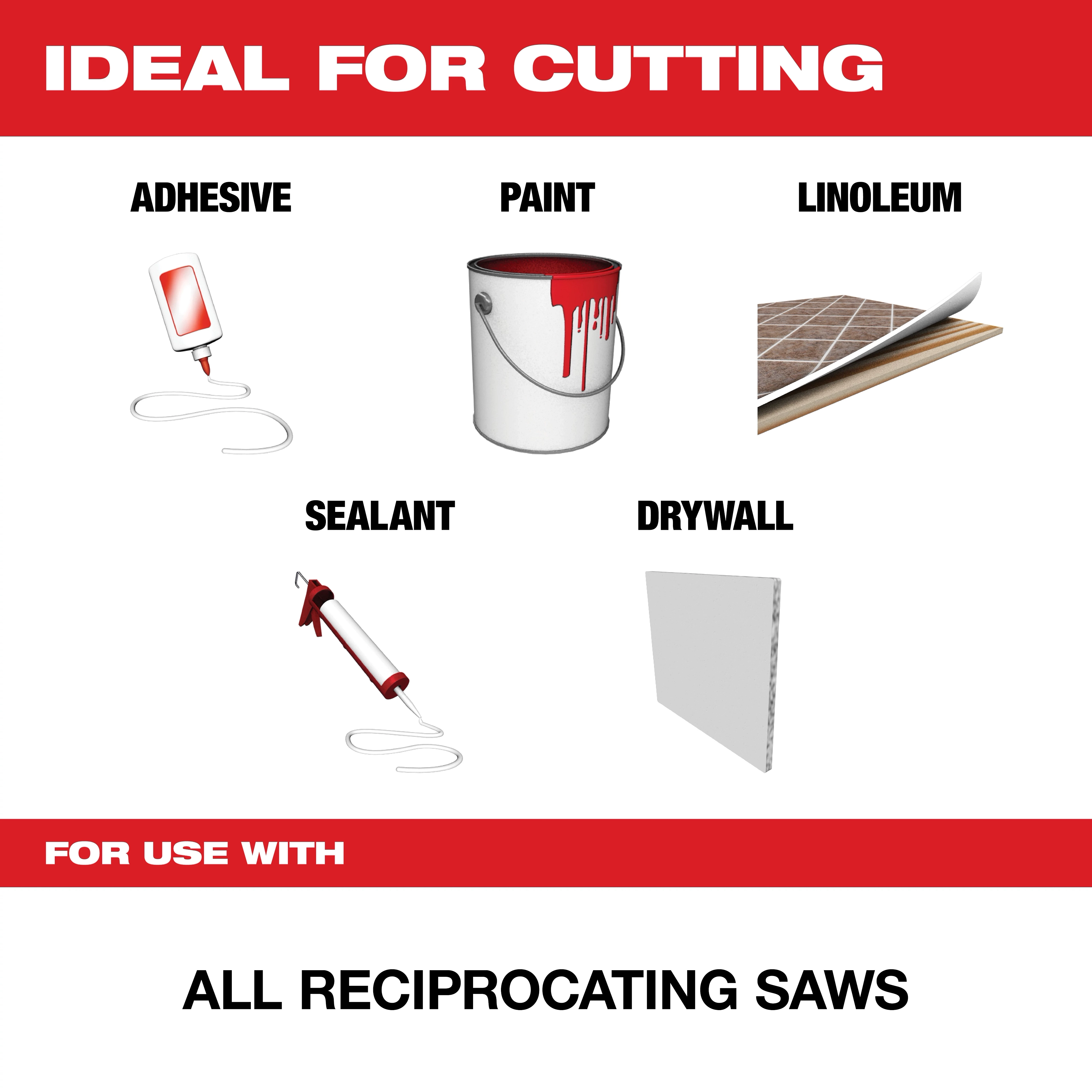 "For Use With" is ideal for cutting adhesive, paint, linoleum, sealant, and drywall using all reciprocating saws.