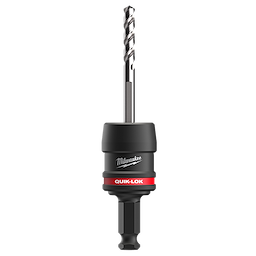 Image of a 7/16" QUIK-LOK™ Arbor Set. The tool features a black and red design with the Milwaukee logo. It has a drill bit attached to the top, designed for quick and easy bit changes.