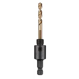 The Small Arbor is a metal drill bit with a black hexagonal shank and a gold, spiral-fluted bit designed for precision drilling.