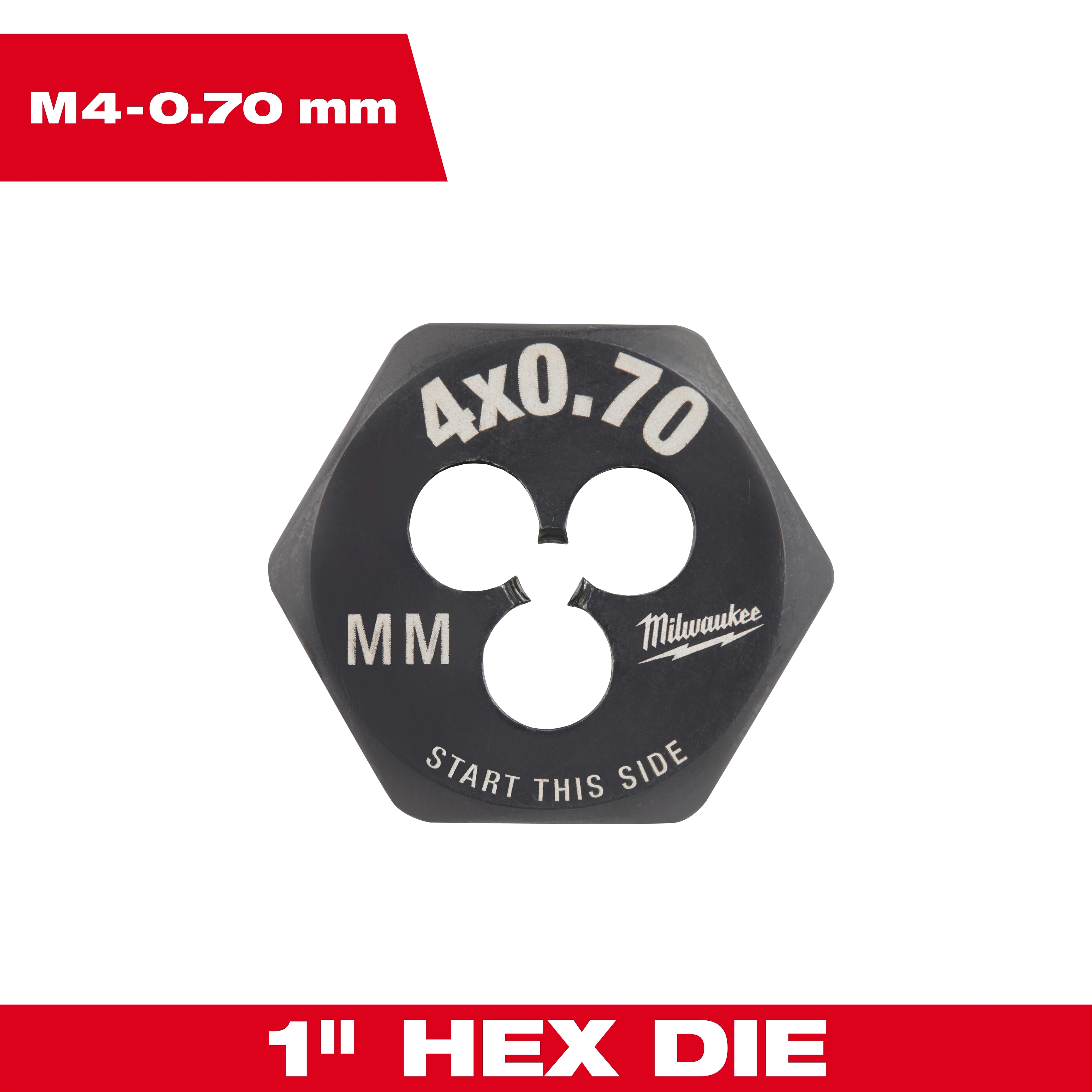 M4-0.70%20mm%201-Inch%20Hex%20Threading%20Die with black hexagonal design, 4x0.70 mm threading, and "Start This Side" etched on it.