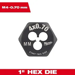 M4-0.70%20mm%201-Inch%20Hex%20Threading%20Die with black hexagonal design, 4x0.70 mm threading, and "Start This Side" etched on it.