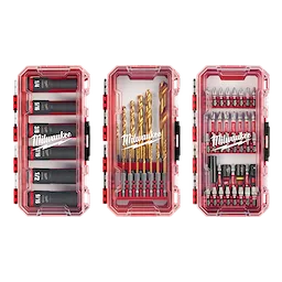 The image shows a 60PC IMPACT Set by Milwaukee, consisting of three clear plastic cases containing assorted impact driver bits and drill bits, including socket adaptors, driver bits, and drill bits.