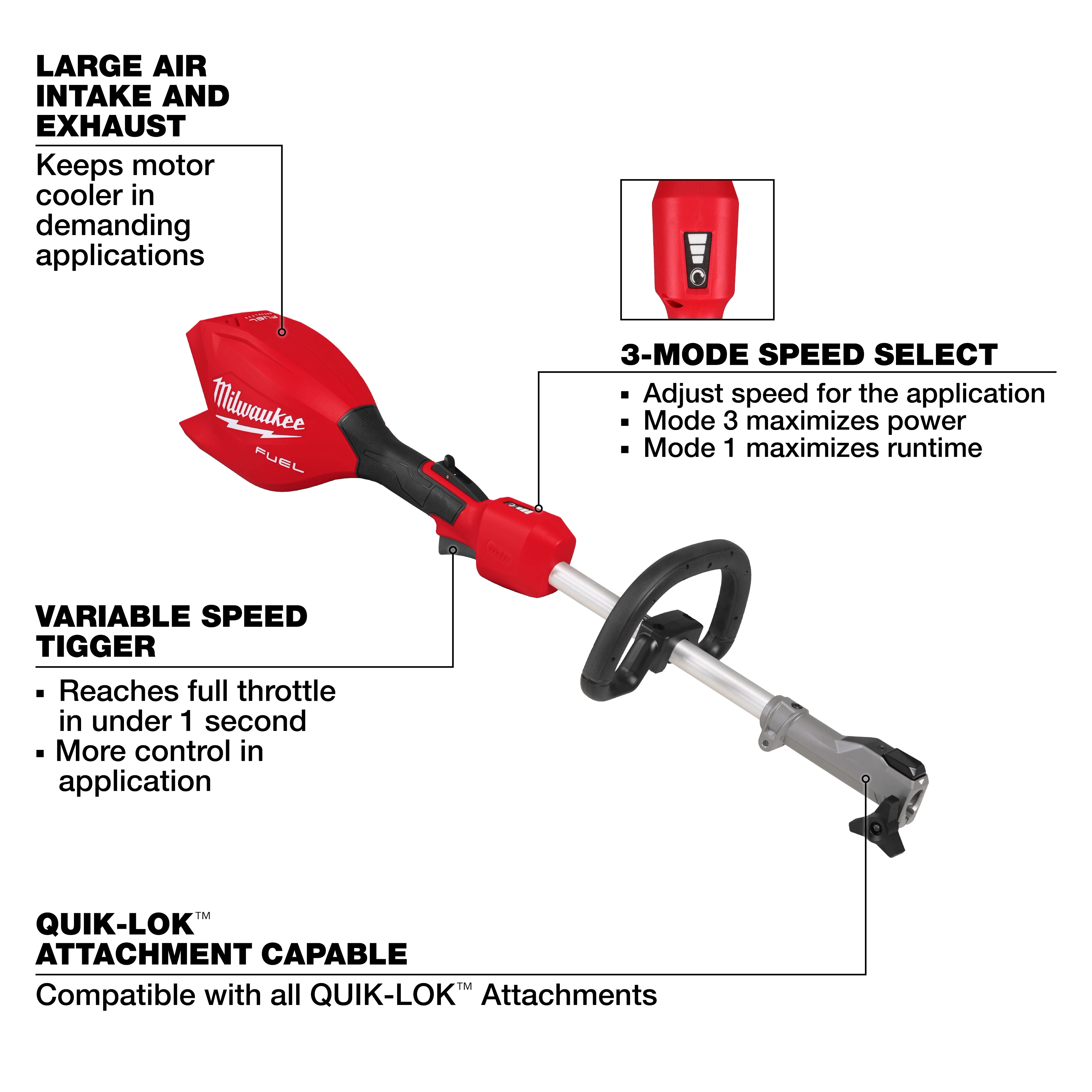 Red and gray M18 FUEL Power Head w/ QUIK-LOK with handle and attachment-ready shaft on white background.