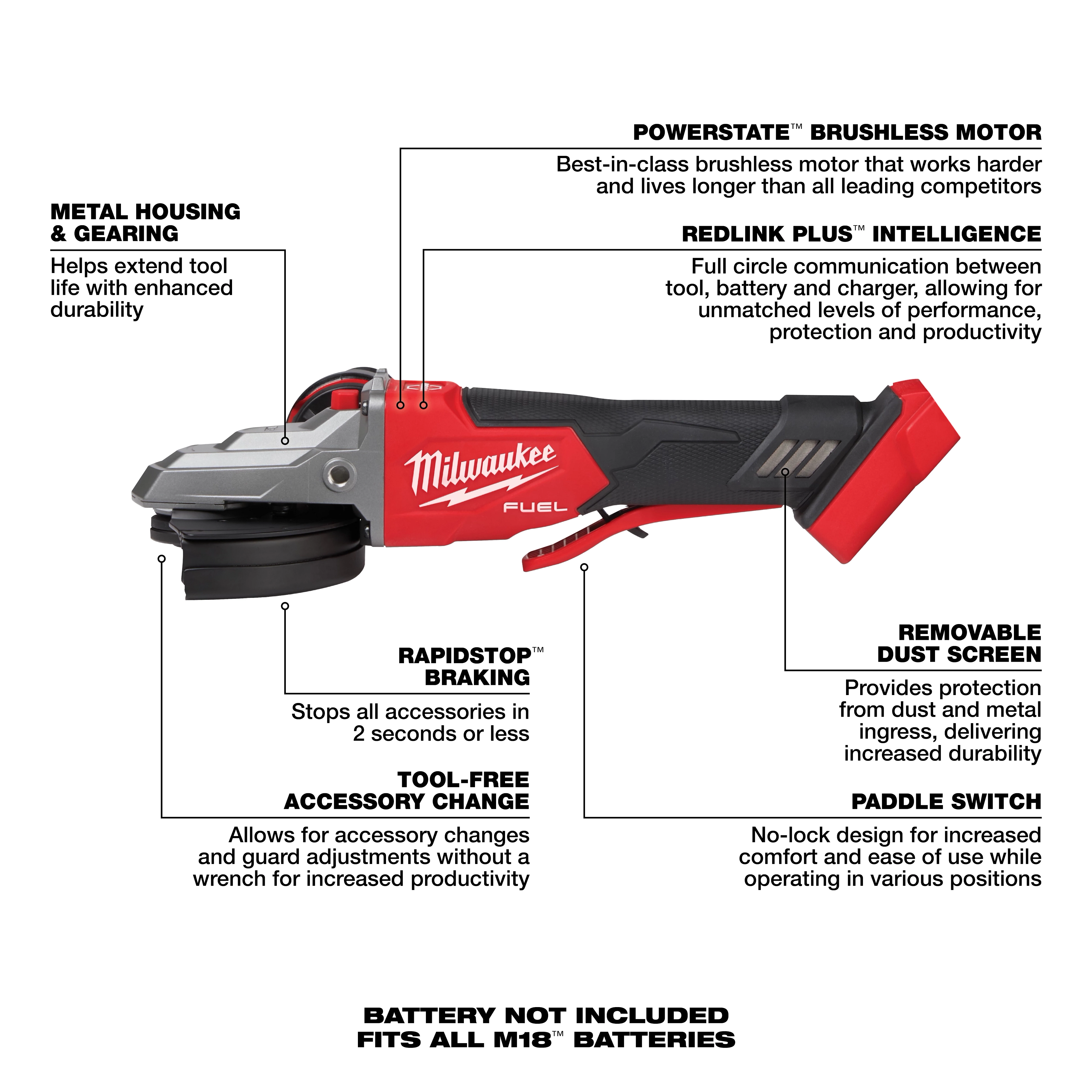 The M18 FUEL™ 5" Flathead Braking Grinder with Paddle Switch No-Lock features a POWERSTATE™ brushless motor, REDLINK PLUS™ intelligence, RAPIDSTOP™ braking, tool-free accessory change, removable dust screen, and metal housing and gearing. Battery not included; fits all M18™ batteries. Ideal for increased productivity and durability.