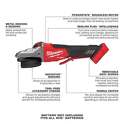 The M18 FUEL™ 5" Flathead Braking Grinder with Paddle Switch No-Lock features a POWERSTATE™ brushless motor, REDLINK PLUS™ intelligence, RAPIDSTOP™ braking, tool-free accessory change, removable dust screen, and metal housing and gearing. Battery not included; fits all M18™ batteries. Ideal for increased productivity and durability.