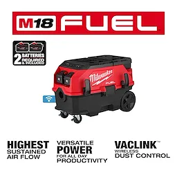 The image shows the Milwaukee M18 FUEL™ 9 Gallon Dual Battery Dust Extractor featuring PACKOUT™ Compatibility and VACLINK™ wireless dust control. The product requires and includes two batteries, ensuring highest sustained air flow and versatile power for all-day productivity.