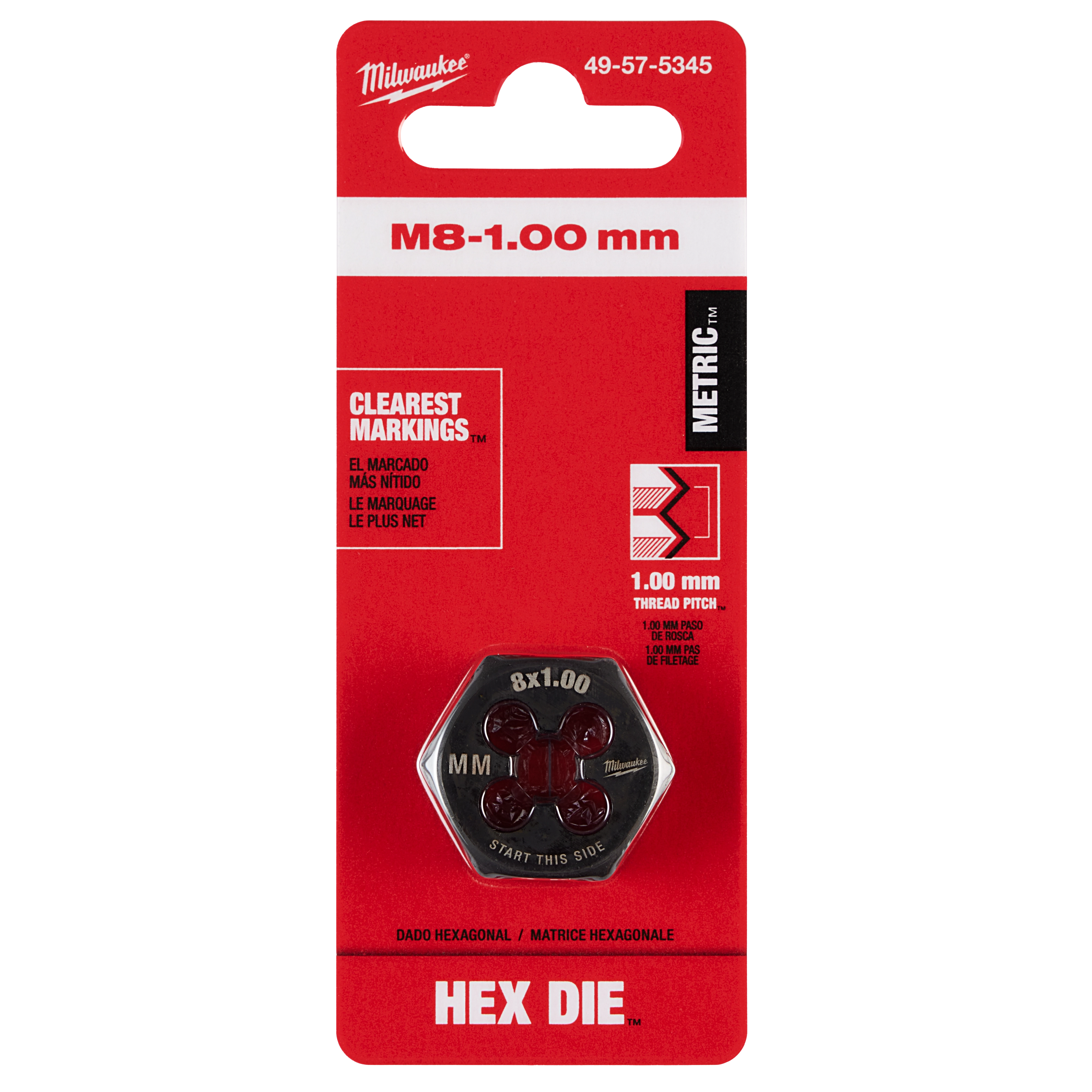 M8-1.00 mm 1-Inch Hex Threading Die in red packaging with the product name and specifications clearly labeled.