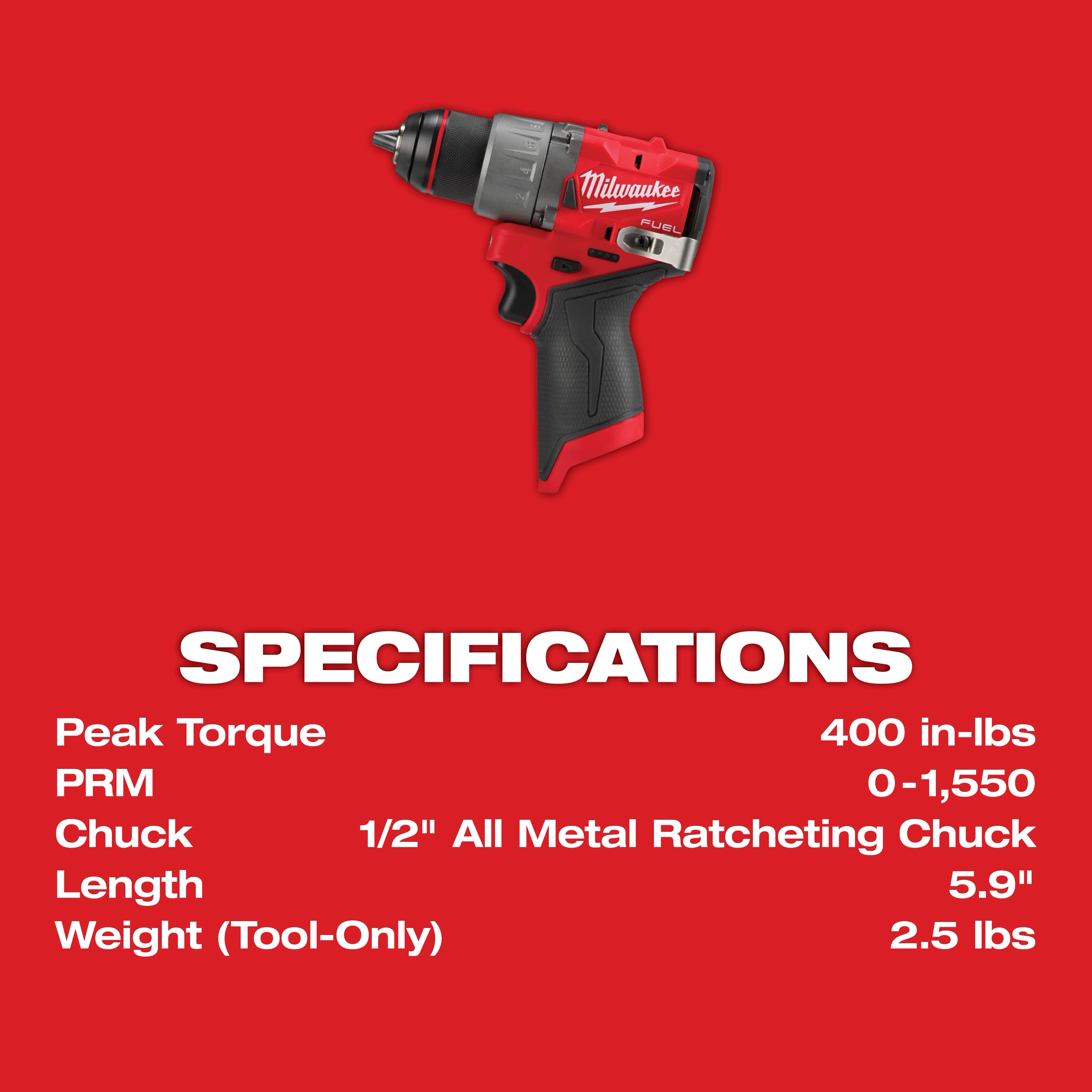 The image shows the M12 FUEL™ 1/2" Drill/Driver by Milwaukee Tools on a red background. Below the drill/driver, specifications such as peak torque, RPM, chuck type, length, and weight are listed in white text.