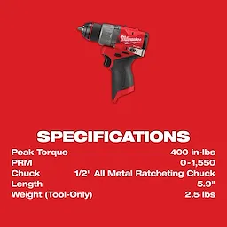 The image shows the M12 FUEL™ 1/2" Drill/Driver by Milwaukee Tools on a red background. Below the drill/driver, specifications such as peak torque, RPM, chuck type, length, and weight are listed in white text.