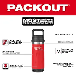 Walkaround image of the Milwaukee PACKOUT 18oz Insulated Bottle with Chug Lid in red highlighting its USPs