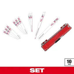 Milwaukee 10-piece reciprocating saw blade set includes various blades for different cutting needs. The set comes with a red storage case labeled with the Milwaukee logo. Each blade features the American flag and product specifics printed on them.