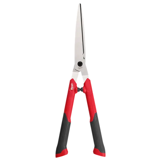 10” Hedge Shears with red and black ergonomic handles and sharp stainless steel blades, designed for trimming hedges.