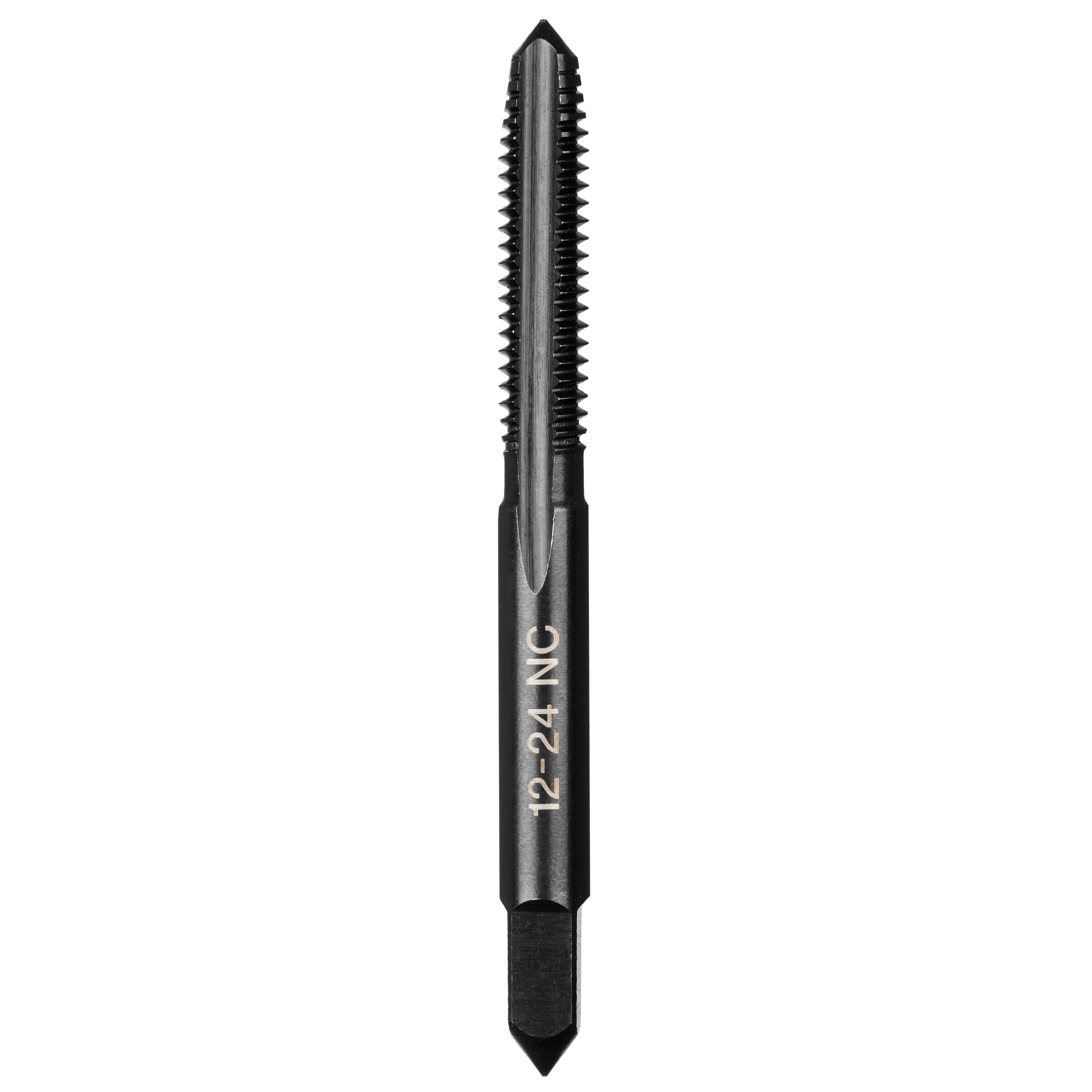 12-24 NC Straight Flute Plug Tap is a metal tool with a pointed tip and straight grooves, used for threading.