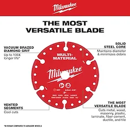 3" Multi-Material Diamond Blade displayed with labeled features and text describing its versatile cutting uses.