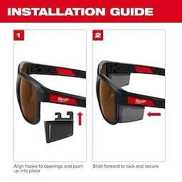 The Milwaukee Safety Glasses installation guide shows two steps: first, aligning hooks to openings and pushing up into place; second, sliding the attachment forward to lock and secure removable side shields.