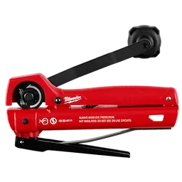 Red Armored Cable Cutter with black cutting wheel, lever, and handle. Safety instructions and product information are printed in white.