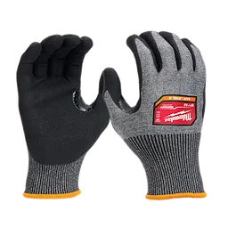 Cut Level 8 High-Dexterity Nitrile Dipped Gloves - M, featuring a gray knit fabric with a black nitrile coated palm and fingers.