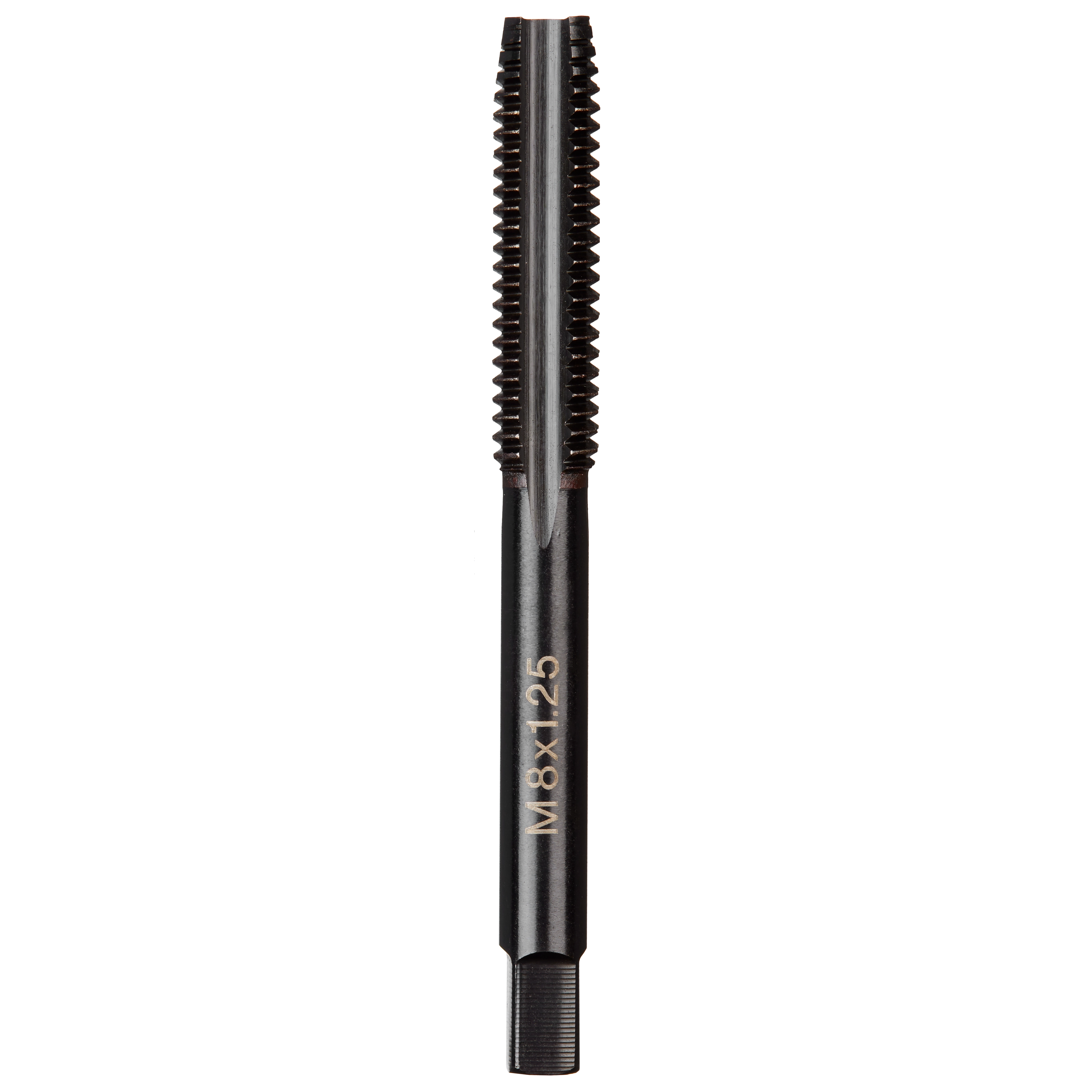 M8-1.25 20mm Straight Flute Plug Tap made of high-speed steel with sharp cutting edges and ridged threads for threading purposes.