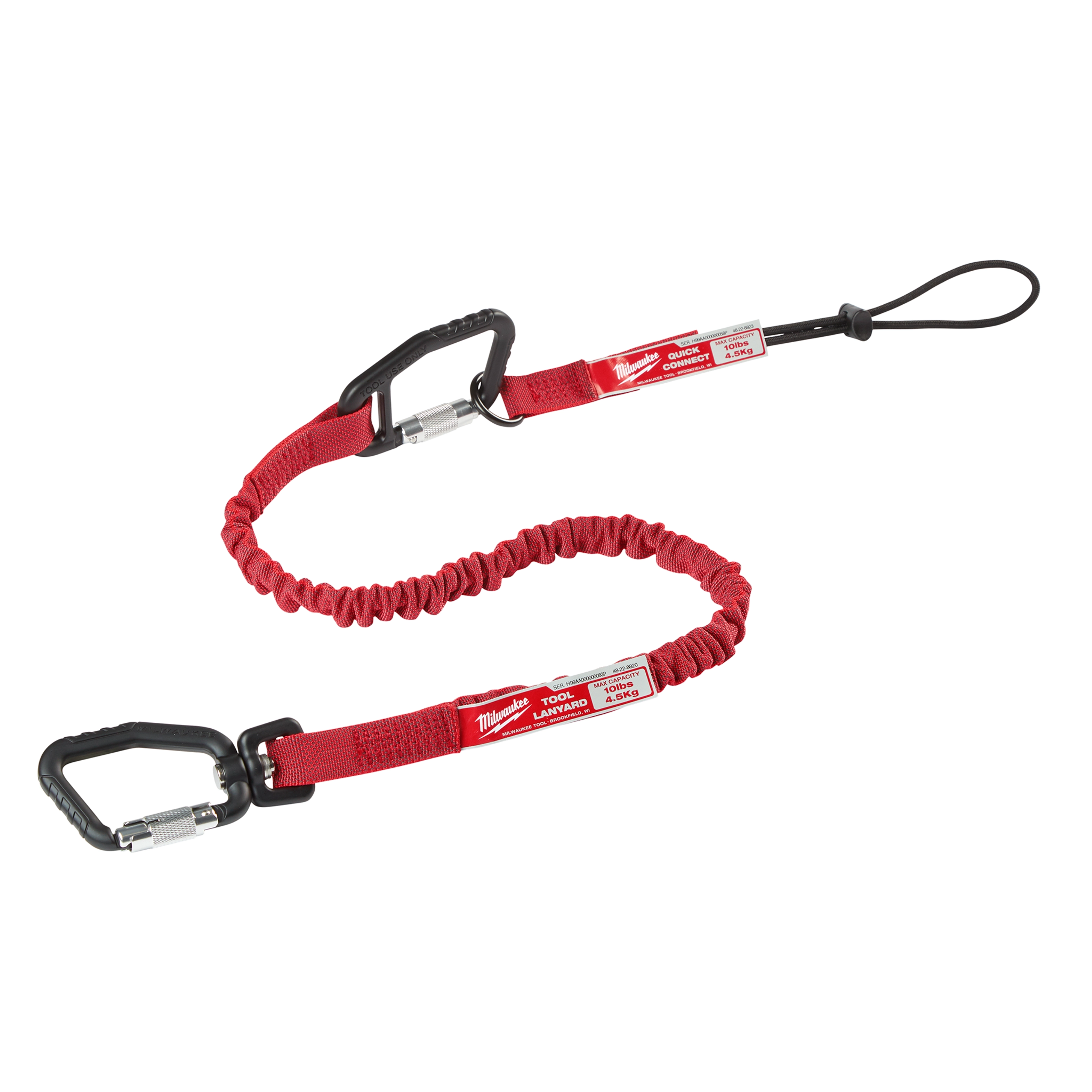 10 LB QUICK-CONNECT Locking Tool Lanyard in red features two carabiners and an elastic cord for securing tools up to 10 lbs.