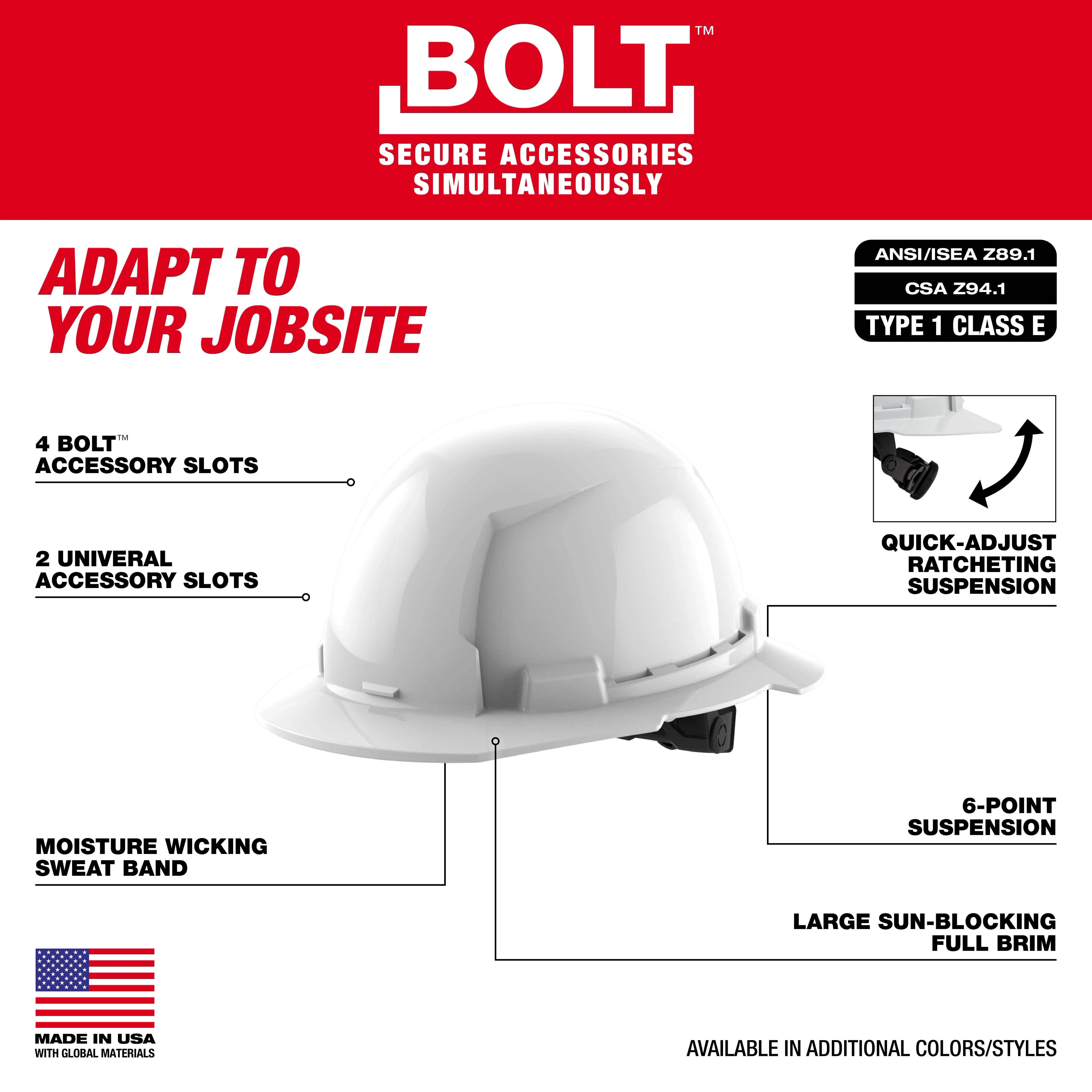 Image of a BOLT™ White Front Brim Hard Hat w/6pt Ratcheting Suspension (USA) - Type 1, Class E. The hard hat features 4 BOLT™ accessory slots, 2 universal accessory slots, a moisture-wicking sweatband, quick-adjust ratcheting suspension, 6-point suspension, and a large sun-blocking full brim. Text highlights its compliance with ANSI/ISEA Z89.1 and CSA Z94.1 standards. The hat is labeled "Adapt to Your Jobsite" and is made in the USA with global materials.