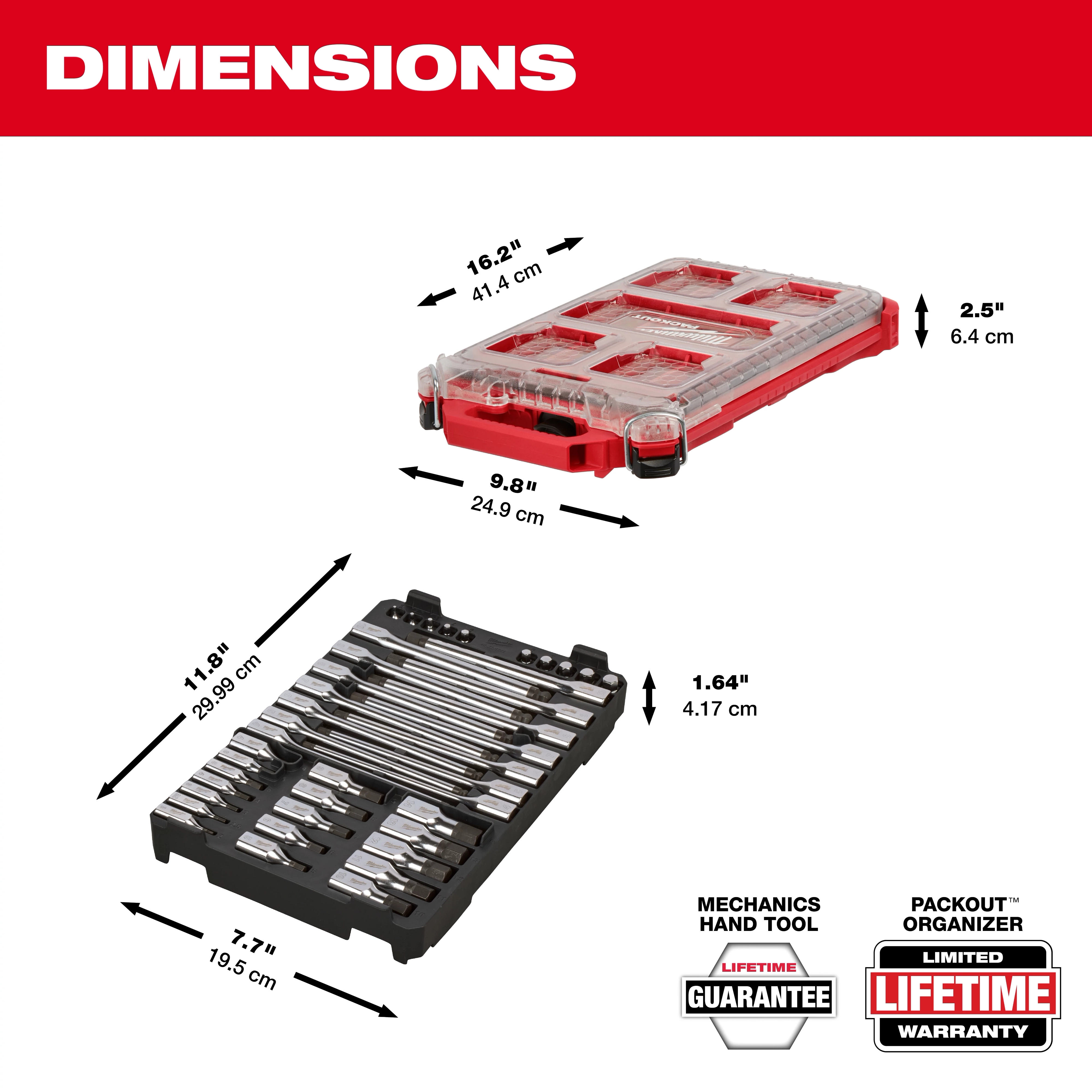 41pc 1/4” and 3/8” Drive Metric Bit Socket Set with PACKOUT Compact Low-Profile Organizer shown open and closed with dimensions.