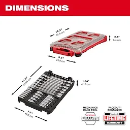 41pc 1/4” and 3/8” Drive Metric Bit Socket Set with PACKOUT Compact Low-Profile Organizer shown open and closed with dimensions.