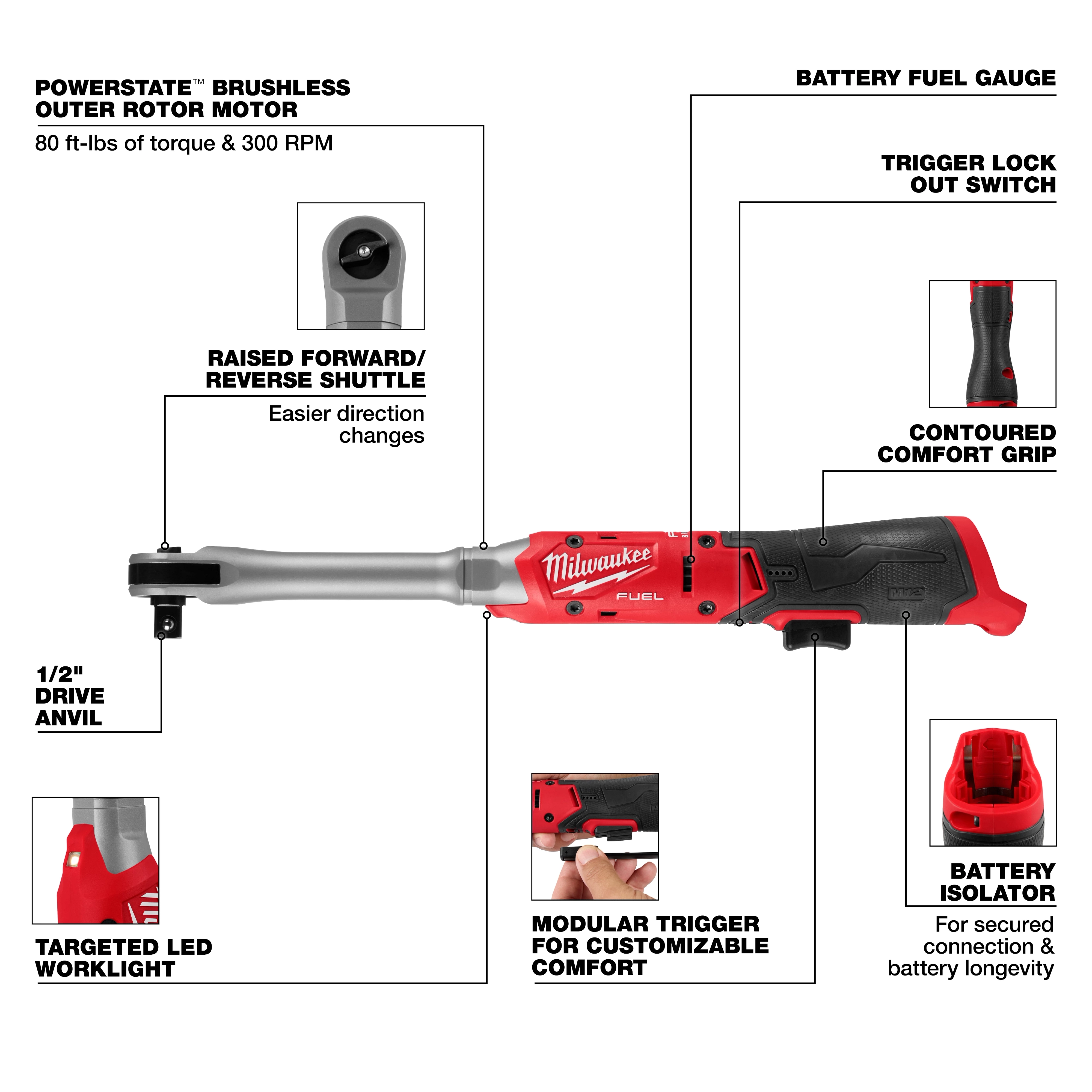 M12 FUEL 1/2" Extended Reach Ratchet with labeled features on a plain background.