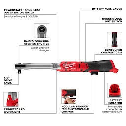 M12 FUEL 1/2" Extended Reach Ratchet with labeled features on a plain background.