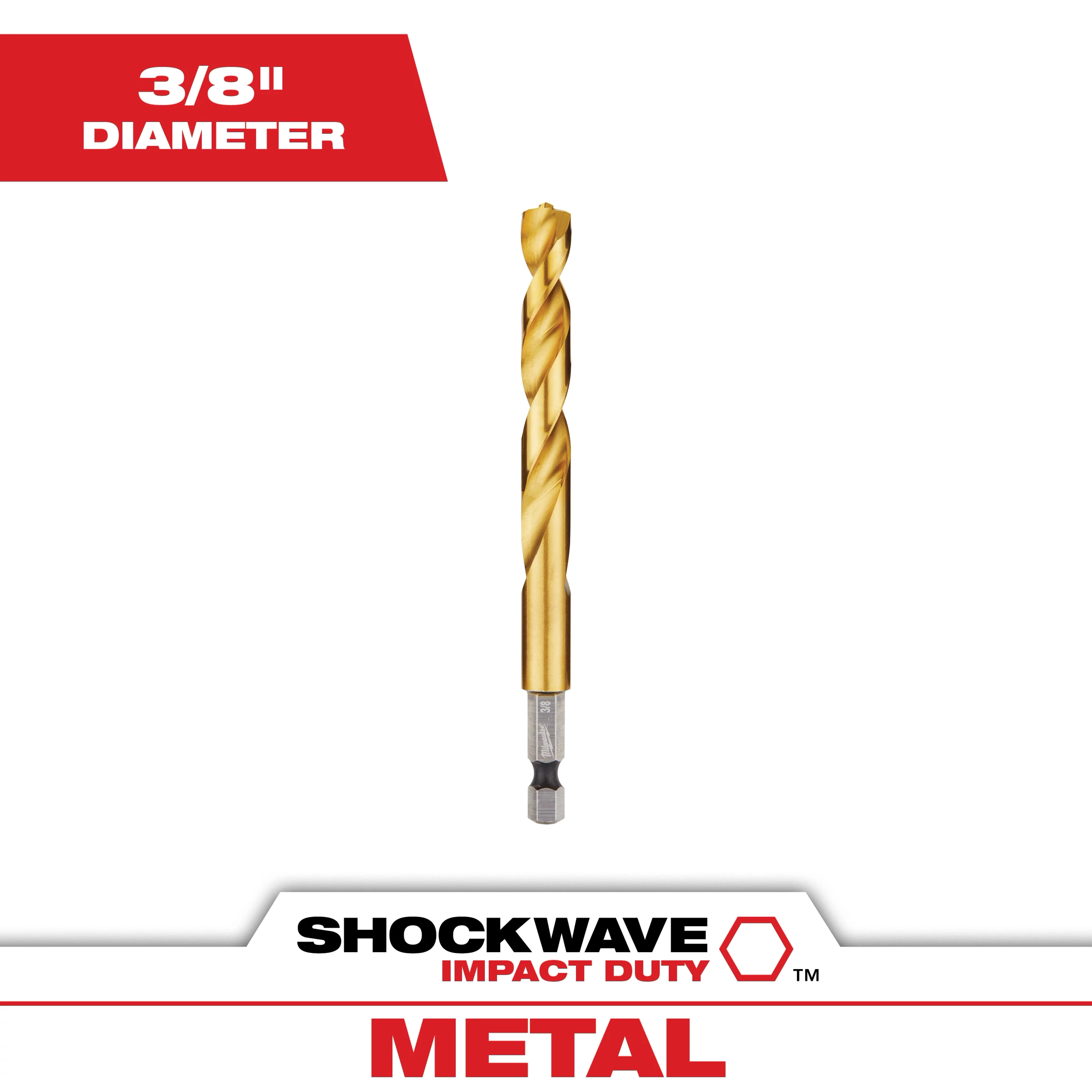 The SHOCKWAVE 3/8 in. Titanium Twist Drill Bit is a metal drill bit designed for durability and impact duty, featuring a 3/8-inch diameter and a distinctive gold titanium coating for enhanced performance.