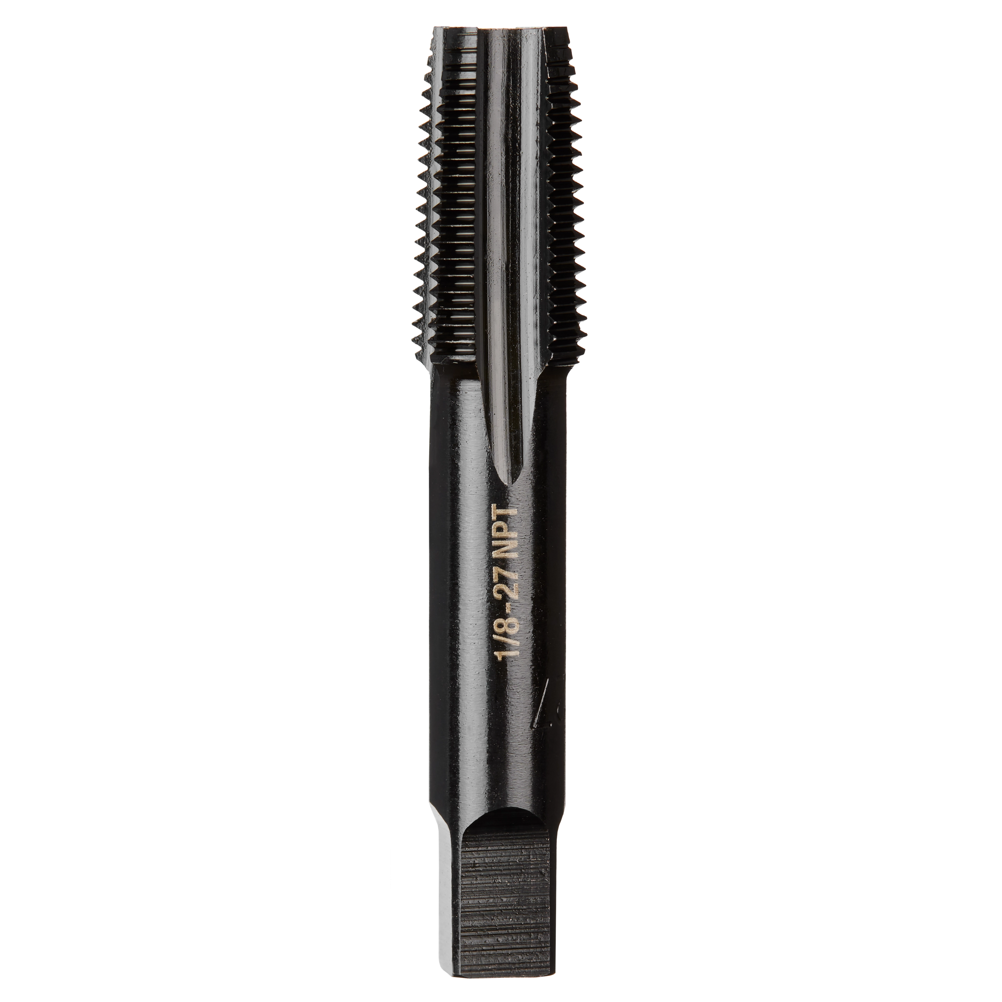 1/8"-27 NPT Straight Flute Taper Tap in black. The tap features straight flutes and is designed for thread cutting in metal.