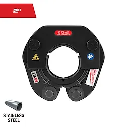 The image shows a 2-inch Milwaukee M18 jaw for crimping stainless steel pipes. The red label indicates the size and model number. The jaw is black with branding and safety symbols. A small icon of a stainless steel pipe is displayed in the bottom left corner.