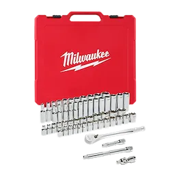A red Milwaukee case is displayed, containing the "56pc 3/8" Drive SAE and Metric Ratchet and Socket Set." Various chrome sockets and a 3/8" drive ratchet, along with extensions, are arranged in front of the case.