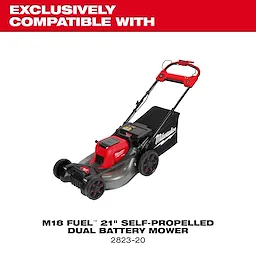 Red and black Milwaukee M18 Fuel 21" self-propelled dual battery mower with grass bag attachment on white background.