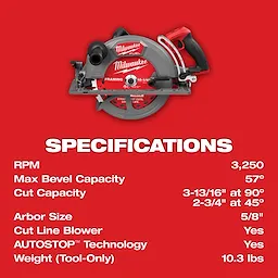M18 FUEL 10-1/4" Rear Handle Circular Saw with specifications including 3,250 RPM, 57° bevel capacity, and 10.3 lbs weight.