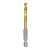 The Red Helix Titanium Impact Drill Bit features a golden titanium-coated tip for durability, mounted on a silver hexagonal shank designed for high torque applications. It is suitable for drilling through tough materials with precision and efficiency.