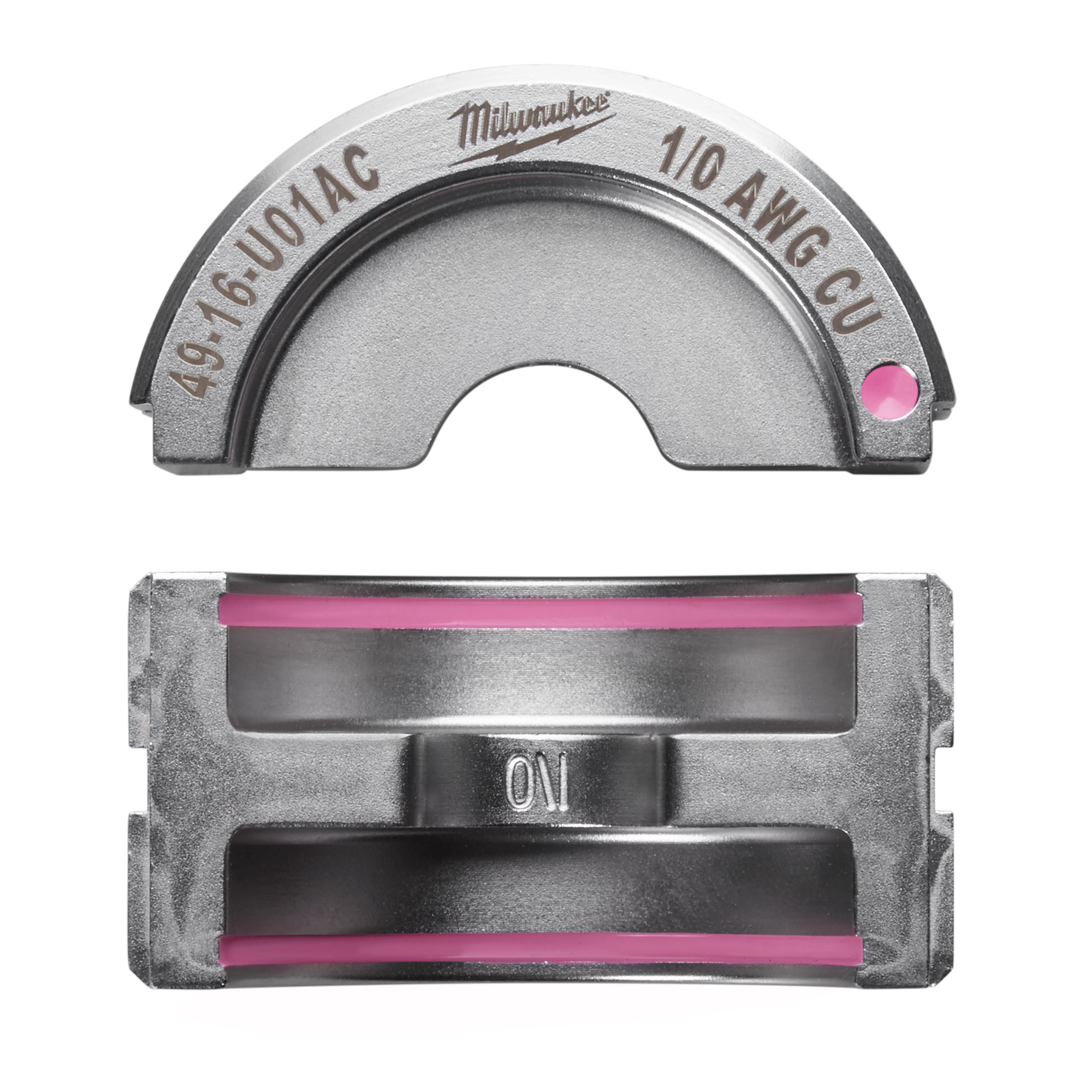 The 1/0 Copper U Style Die has a durable metallic body with a semi-circular and rectangular component, designed for effective crimping. The product is marked with specifications "1/0 AWG CU" and "49.16.U01AC" on the semi-circular piece. The rectangular piece includes pink accents.