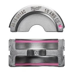 The 1/0 Copper U Style Die has a durable metallic body with a semi-circular and rectangular component, designed for effective crimping. The product is marked with specifications "1/0 AWG CU" and "49.16.U01AC" on the semi-circular piece. The rectangular piece includes pink accents.