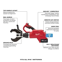 The M18 FORCE LOGIC Underground Cable Cutter is a red handheld tool with a top handle layout, bail handle, and ground hole. It features ONE-KEY compatibility, a remote cut switch, a hook ring, and uses M18 REDLITHIUM batteries, providing up to 100 cuts per charge on a XC5.0 battery.
