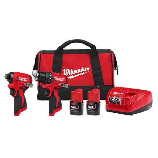 Image of the M12™ Subcompact Brushless 2 Piece Combo Kit that includes a compact driver, a drill, two M12 batteries, a battery charger, and a red and black carrying bag labeled "Milwaukee." The tools are primarily red with black and silver accents.