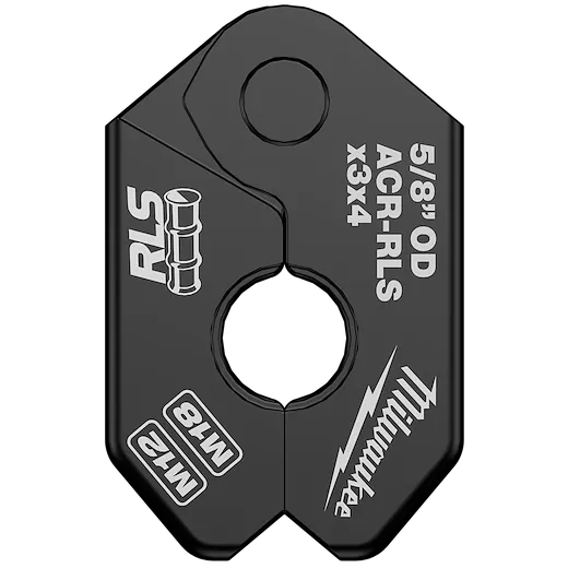 5/8" RLS® Pivoting Press Ring by Milwaukee is a black tool attachment. It features outer diameter 5/8" OD ACR-RLS X3 X4 markings and has a central hole for pressing applications. The tool also has RLS branding on the left and Milwaukee branding on the right.