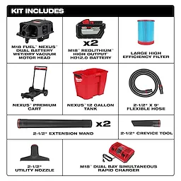 The M18 FUEL™ NEXUS™ 12 Gallon Dual-Battery Wet/Dry Vacuum Kit includes the motor head, two high-output HD12.0 batteries, a large efficiency filter, premium cart, 12-gallon tank, flexible hose, two extension wands, crevice tool, utility nozzle, and a dual bay rapid charger.