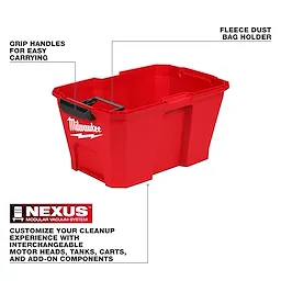 The NEXUS™ 6 Gallon Wet/Dry Vacuum Tank is a red, modular tank featuring grip handles for easy carrying and a fleece dust bag holder. Designed for customizable cleaning experiences with interchangeable motor heads, tanks, carts, and add-on components. The tank displays the Milwaukee brand logo.