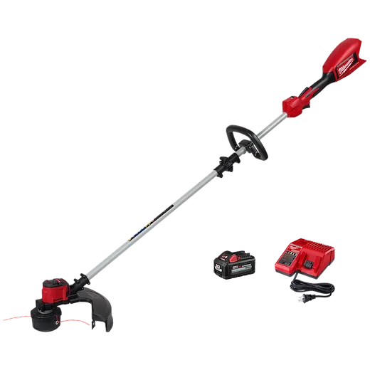 The M18™ Brushless String Trimmer features a grey and red trimmer with a black guard, a rechargeable battery pack, and a red battery charger. It is used for trimming grass and vegetation, and it operates on a cordless battery system for ease of use.