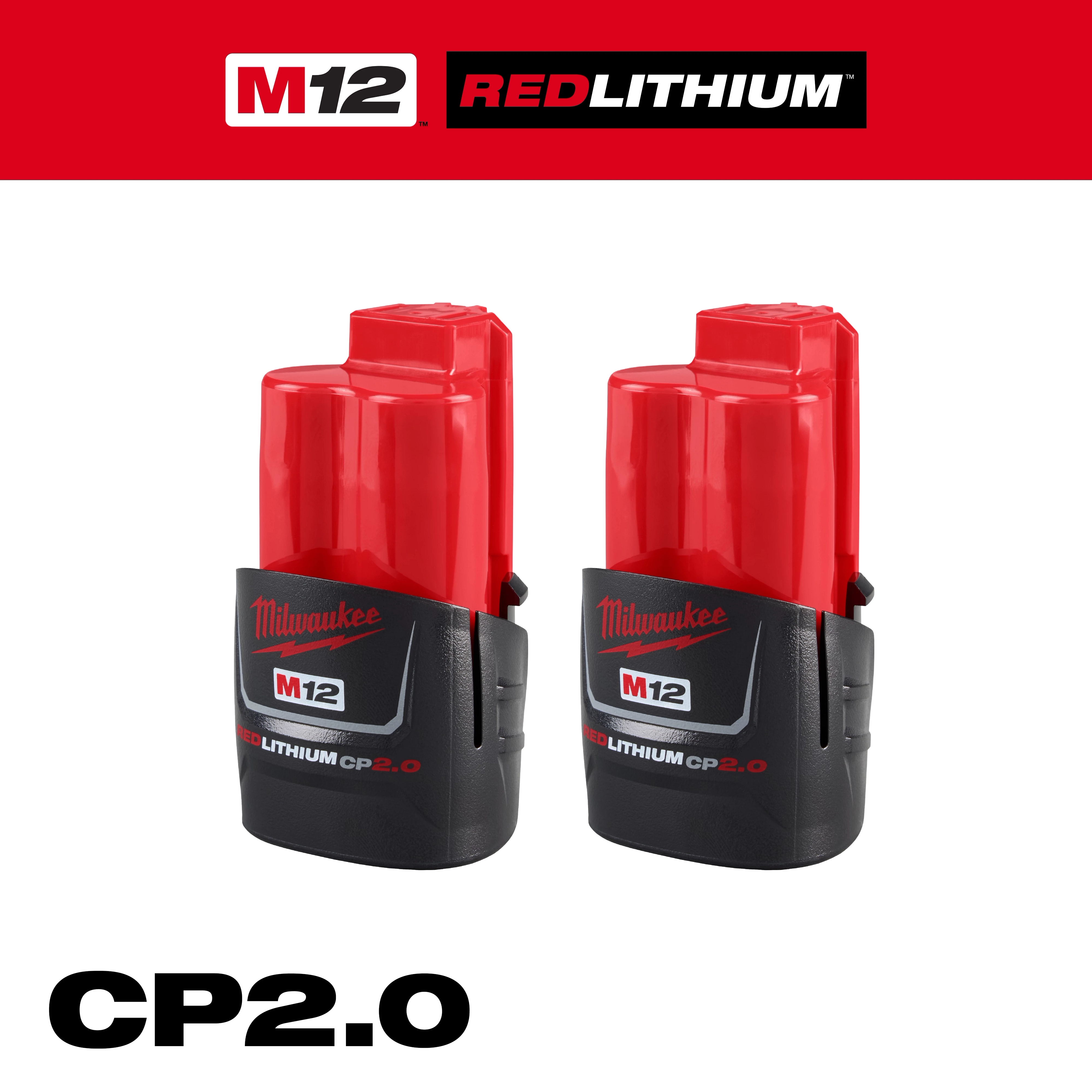 M12 REDLITHIUM CP2.0 Battery Two Pack features two black and red lithium-ion batteries with M12 branding and CP2.0 label.